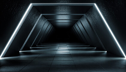 Abstract Futuristic dark corridor interior design. Future concept. 3D Rendering © Chanchai
