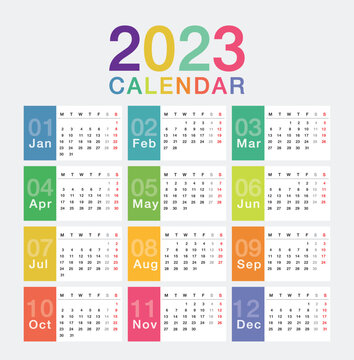 Colorful Year 2023 calendar horizontal vector design template, simple and clean design. Calendar for 2023 on White Background for organization and business. Week Starts Monday.