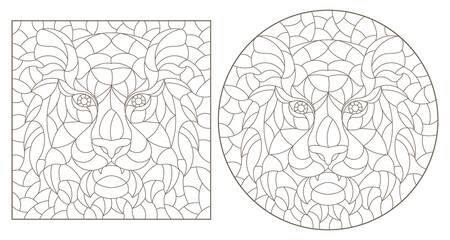 A set of contour illustrations in the style of stained glass with abstract tigers, dark contours on a white background