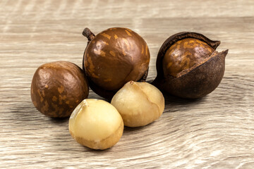 Close-up of macadamia nut with selective focus on the wooden table in Brazil
