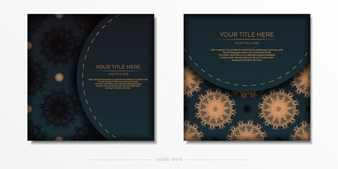 Dark green postcard template with white abstract mandala ornament. Elegant and classic elements are great for decorating. Vector illustration.