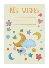 Hand drawing watercolor cute baby greeting card lettering best wishes with blank lines. Sleeping sheep. Use for poster, print, card, postcard, invitation, baby shower, banner