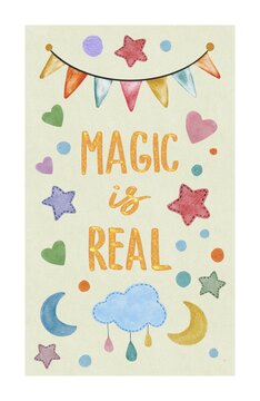 Hand drawing watercolor cute baby greeting card lettering magic is real. Use for poster, print, card, postcard, invitation, baby shower, banner