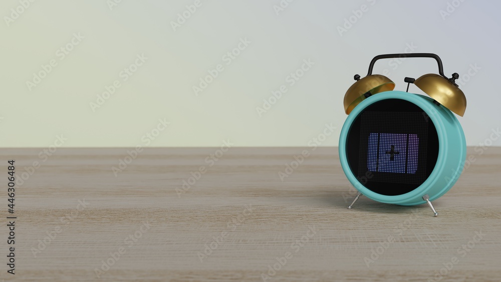 Poster 3d rendering of color alarm clock with symbol of first aid on display on table
