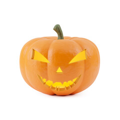 Pumpkin with scary face cut out, orange color, isolated on white. Jack o lantern, Halloween decoration. 3d render.