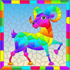An illustration in the style of a stained glass window with an abstract rainbow ram in a bright frame, a rectangular image