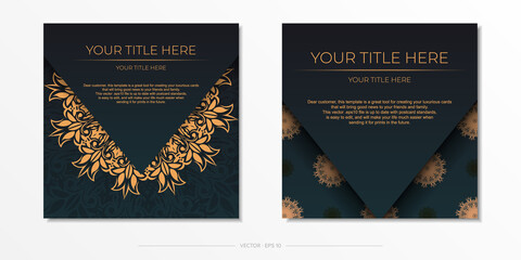 Dark green postcard template with white Indian mandala ornament. Elegant and classic elements ready for print and typography. Vector illustration.