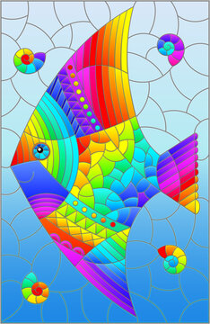 Illustration in the style of a stained glass window with a bright rainbow fish scalar on a background of blue water, rectangular image