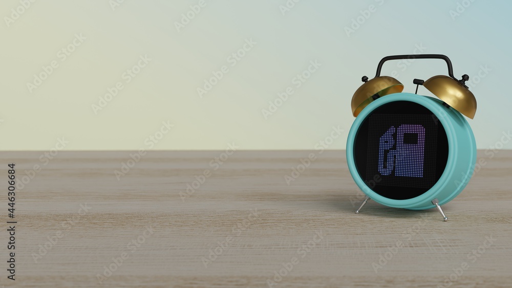 Poster 3d rendering of color alarm clock with symbol of gas station on display on table
