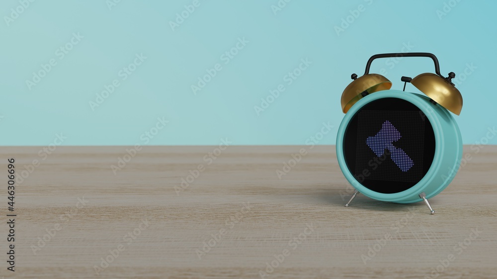 Poster 3d rendering of color alarm clock with symbol of gavel on display on table