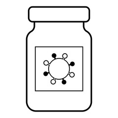 Ampoule with a sticker with the symbols of the coronavirus. Simple black linear drawing. Vaccination, vaccine, medication, drug, covid
