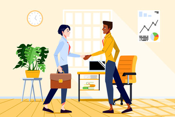 Business man and woman shaking hands at the Office reaching the agreement. Boss Shakes his Employee Hand at the Office. Happy cartoon vector office workers.