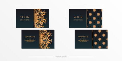Dark green business cards template with decorative ornaments business cards, oriental pattern, vector illustration.