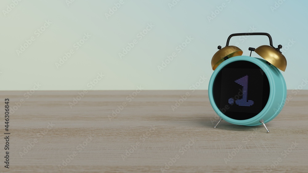 Poster 3d rendering of color alarm clock with symbol of golf on display on table
