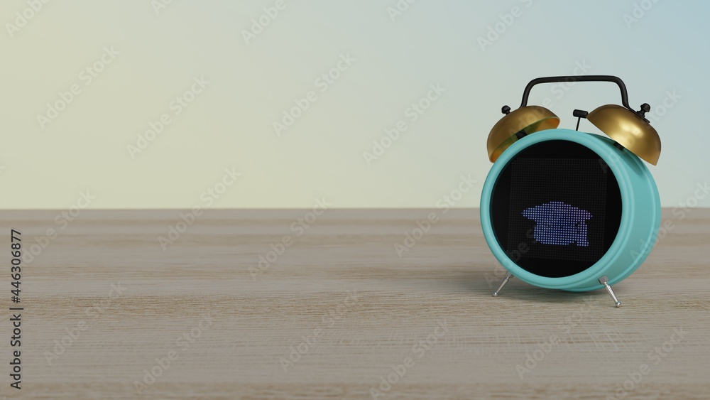 Poster 3d rendering of color alarm clock with symbol of graduation cap on display on table