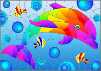 Obraz na płótnie Canvas An illustration in the style of a stained glass window with a cute cartoon dolphin on a water background, a rectangular image
