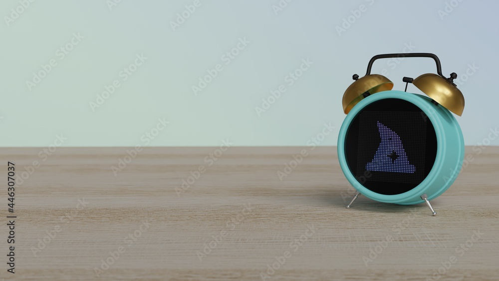 Poster 3d rendering of color alarm clock with symbol of hat wizard on display on table