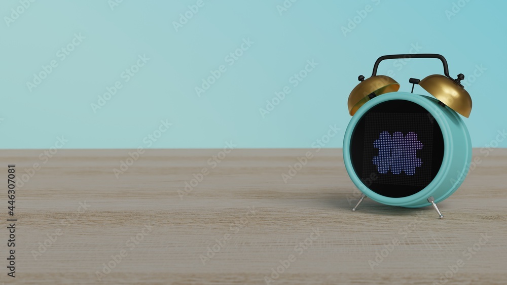 Poster 3d rendering of color alarm clock with symbol of heating on display on table