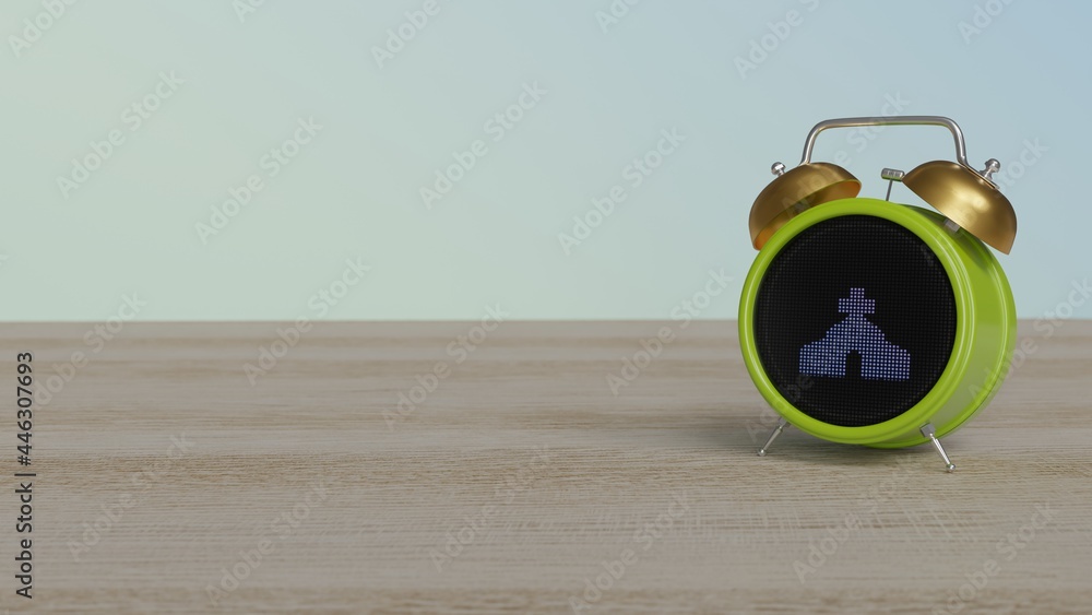 Poster 3d rendering of color alarm clock with symbol of church on display on table