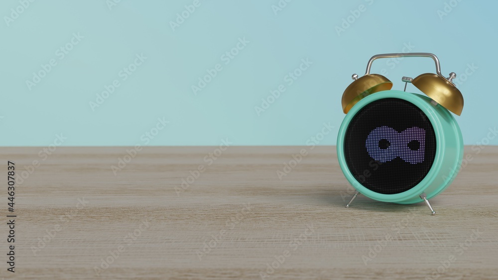 Poster 3d rendering of color alarm clock with symbol of infinity on display on table