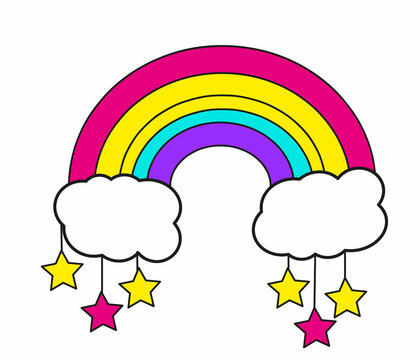 Cartoon fairy rainbow with clouds and colorful stars, vector image.