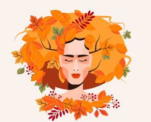 A lovely autumn girl with leaves in her hair. Maple and mountain ash leaves. Vector illustration
