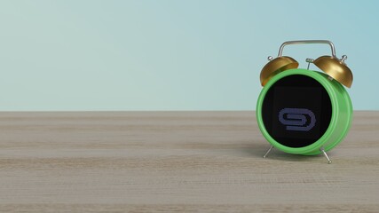 3d rendering of color alarm clock with symbol of interface on display on table