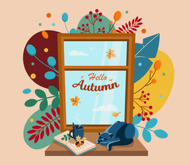 Bright autumn background with a window and leaves. A cup of tea with a book, a cat, acorns and the sky. Vector illustration.