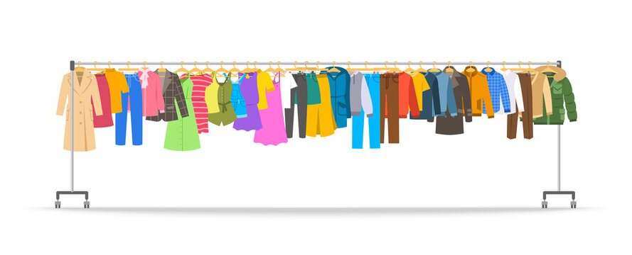 Kids clothes on long rolling hanger rack, Stock vector