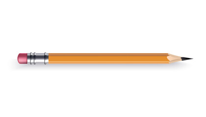 Sharpened wooden pencil with rubber eraser. Color cartoon icon. Realistic isolated item on white background, vector illustration