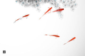 Liitle red fishes and seaweed on white background. Traditional oriental ink painting sumi-e, u-sin, go-hua. Hieroglyph - joy