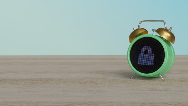 3d rendering of color alarm clock with symbol of lock on display on table