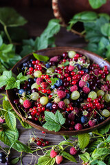 Freshly gathered juicy colorful berries, mix of red currants, black currants, raspberries, white currants, blueberries, gooseberries and  cherries in brown plate 