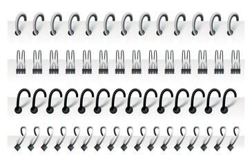Notebook spirals, wire steel ring bindings and springs for calendar, diary, notepad, document cover or booklet sheets. Metal stitch isolated on white background. Can use as page divider