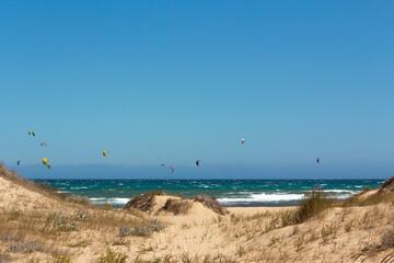 Seascape with people practicing kitesurfing. Sea sport.