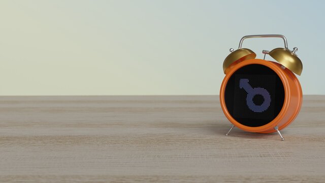 3d rendering of color alarm clock with symbol of mars on display on table