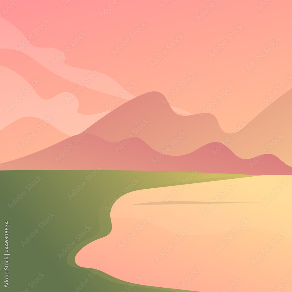 Wall mural Mountain at sunset and pond,illustration Vector EPS 10 