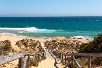 Wooden path leading down to the beach. Vacation paradise. Virgin beach.
