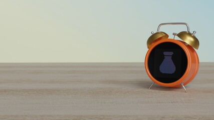 3d rendering of color alarm clock with symbol of money bag on display on table