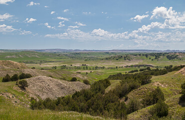 Badlands National Park, SD, USA - June 1, 2008: Vast green prairie landscape with dark tree foliage sprinkled in smaller valleys under blue cloudscape.