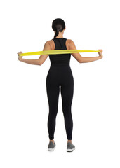 Woman doing sportive exercise with fitness elastic band on white background, back view