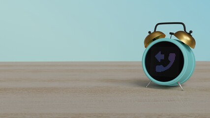 3d rendering of color alarm clock with symbol of phone on display on table