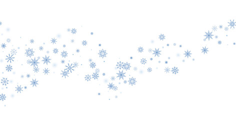 Blue delicate openwork snowflakes scatter on a white background. Festive background, postcard design, wallpaper
