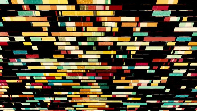Abstract video game with moving colorful blocks on black background, seamless loop. Animation. Geometric mosaic pattern with colorful bricks.
