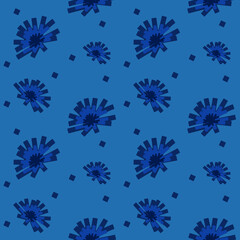 Seamless floral pattern with chicory flower. Blue background with geometric tracery. Vector illustration