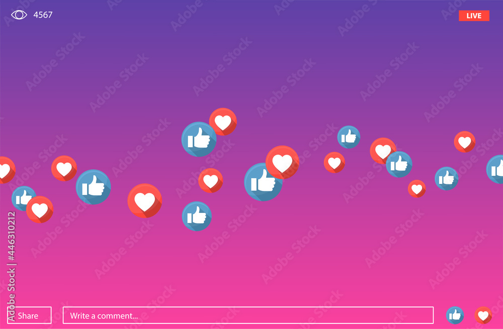 Poster like and heart icons for live stream video chat likes background vector design template. social nets