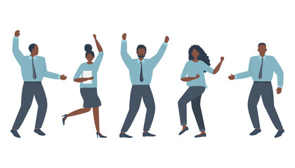 Fototapeta na wymiar Office workers are celebrating the victory. Happy employees are dancing and jumping. Black business people. Funky flat style. Vector illustration