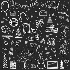 Christmas elements. Abstract white holiday symbols on black. Line art. Black and white illustration