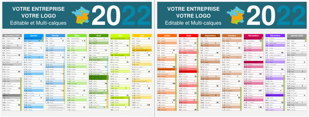 Calendrier 2022 14 mois avec vacances scolaires officielles au format 320 x 420 mm recto verso entièrement modifiable via calques et texte arial