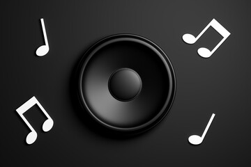 Music speakers with musical lyrics around them, on a dark background. Music and sound concept. 3d Render. - 446311436